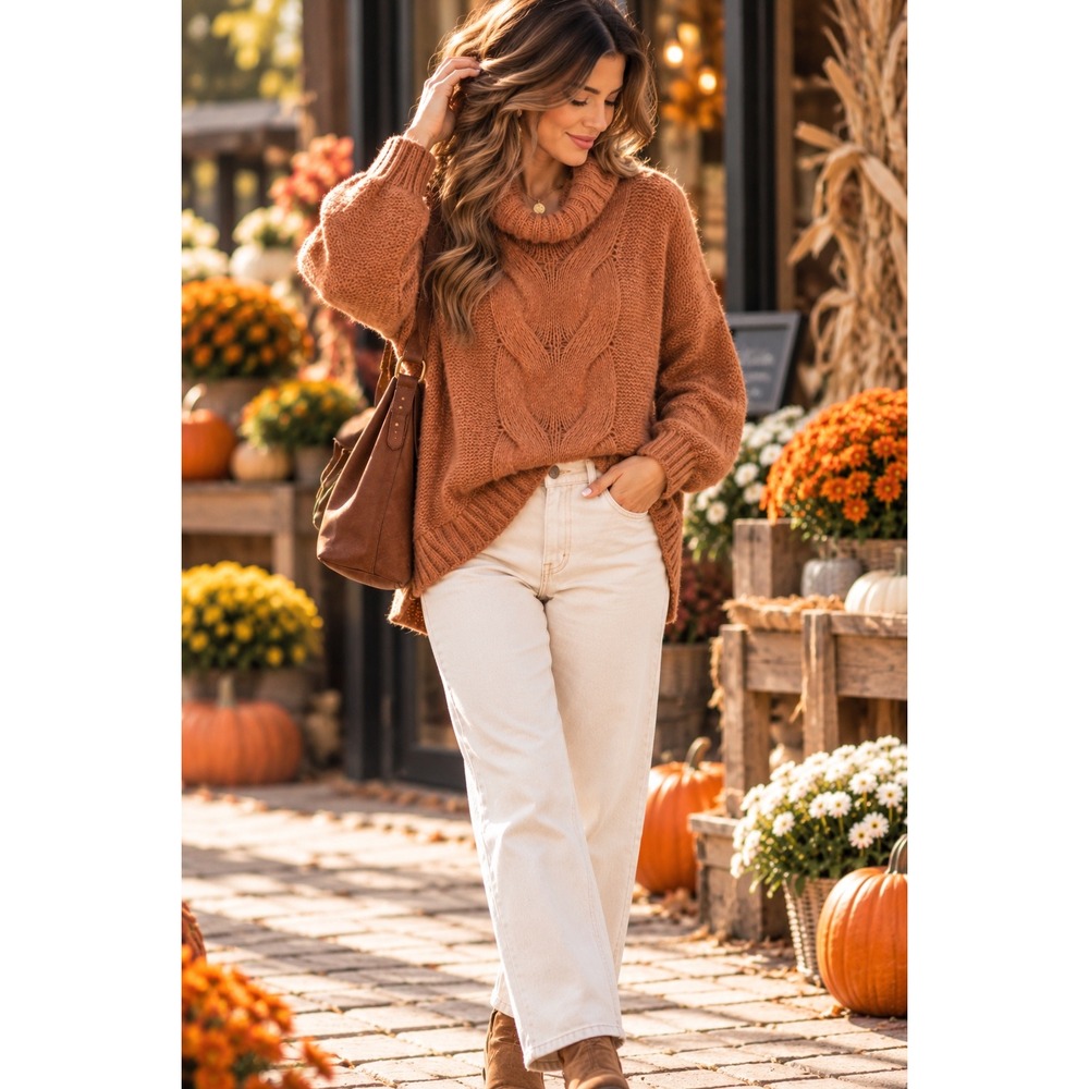 Aerie Womens Oversized Turtleneck Sweater Ginger Brown Cable Knit Wool Blend M